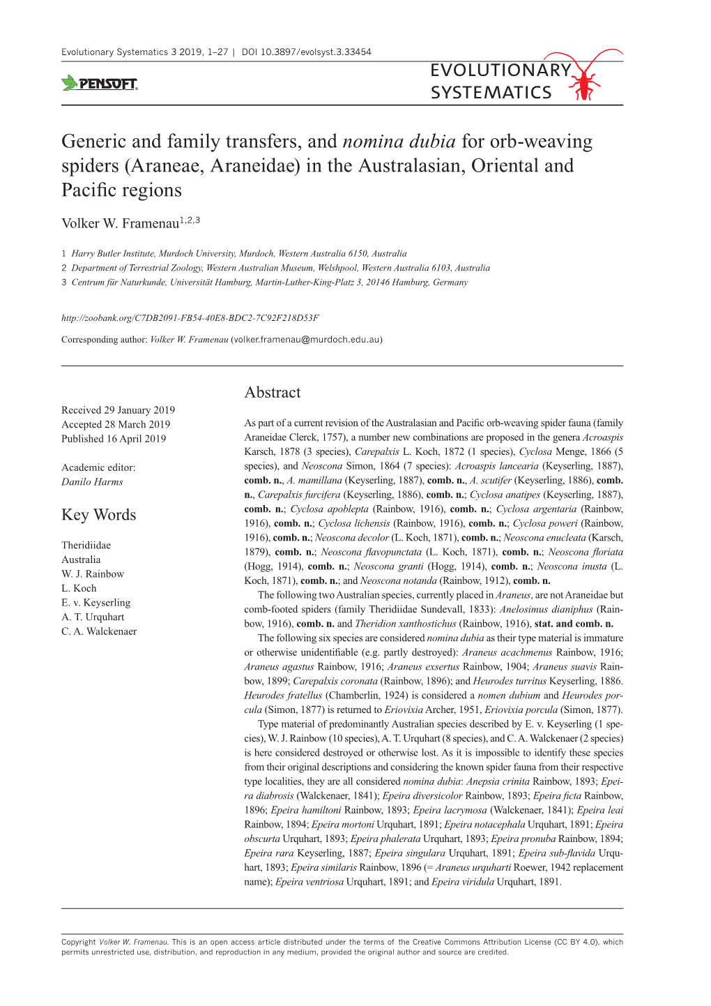 Generic and Family Transfers, and Nomina Dubia for Orb-Weaving Spiders (Araneae, Araneidae) in the Australasian, Oriental and Pacific Regions