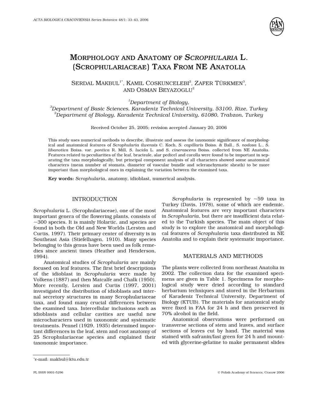 Morphology and Anatomy of Scrophularia L. (Scrophulariaceae)Taxa from Ne Anatolia