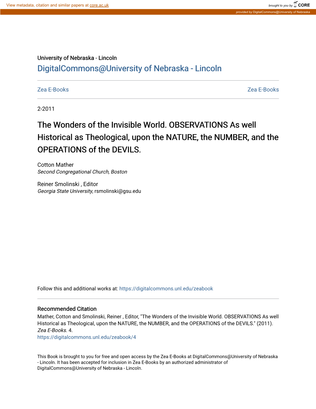 The Wonders of the Invisible World. OBSERVATIONS As Well Historical As Theological, Upon the NATURE, the NUMBER, and the OPERATIONS of the DEVILS