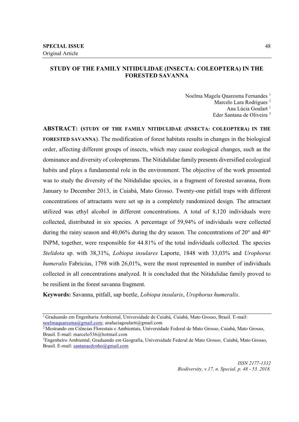 Study of the Family Nitidulidae (Insecta: Coleoptera) in the Forested Savanna