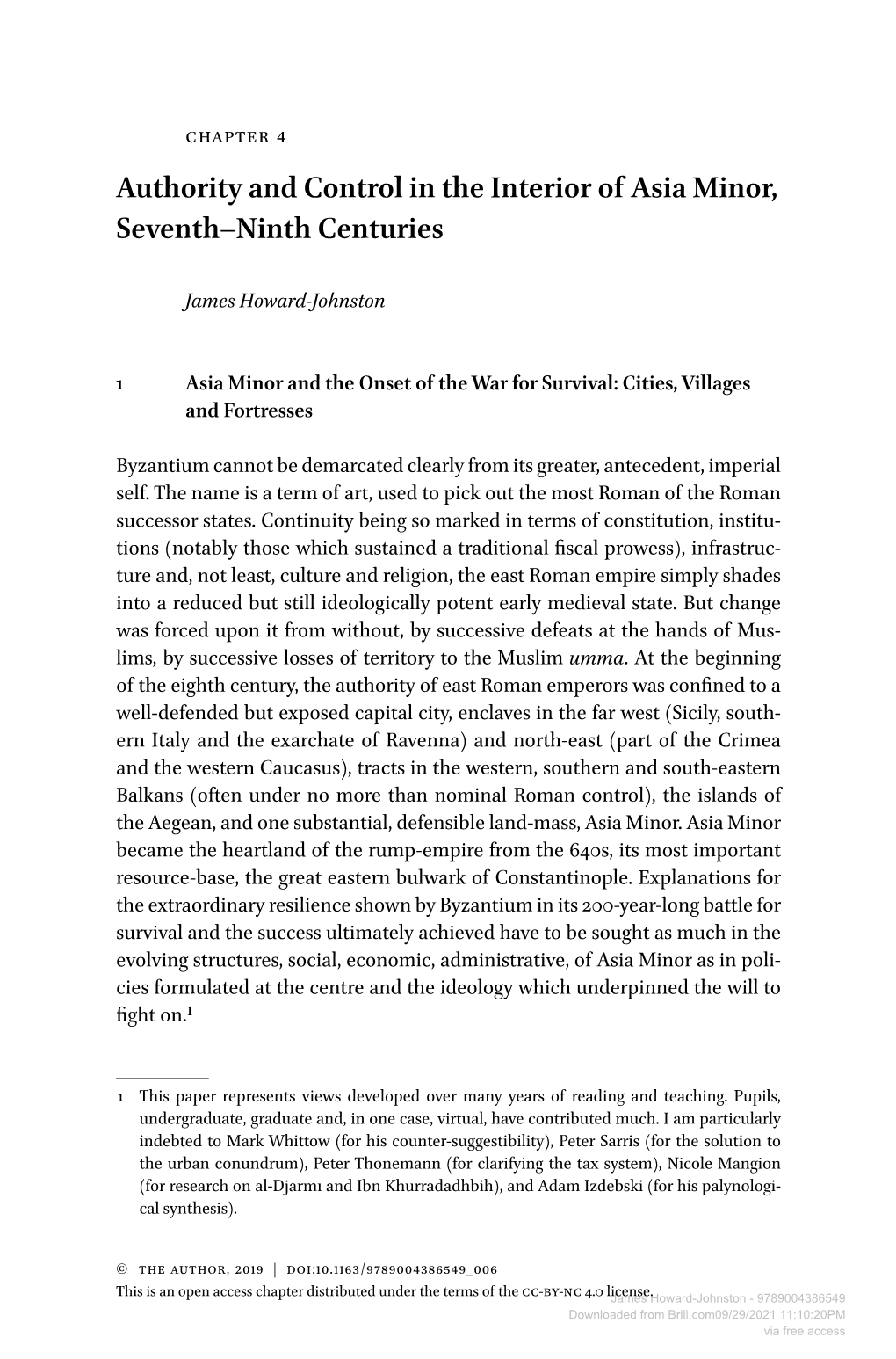 Authority and Control in the Interior of Asia Minor, Seventh–Ninth Centuries