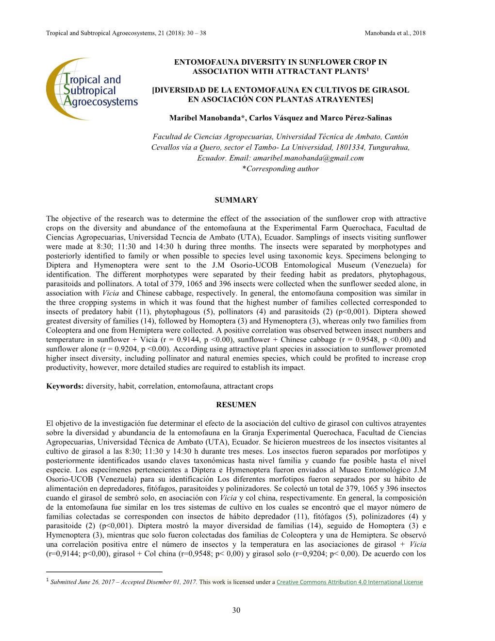 Entomofauna Diversity in Sunflower Crop in Association with Attractant Plants1