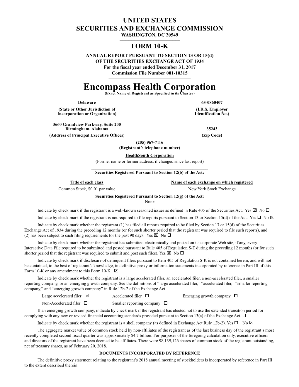 Encompass Health Corporation (Exact Name of Registrant As Specified in Its Charter)