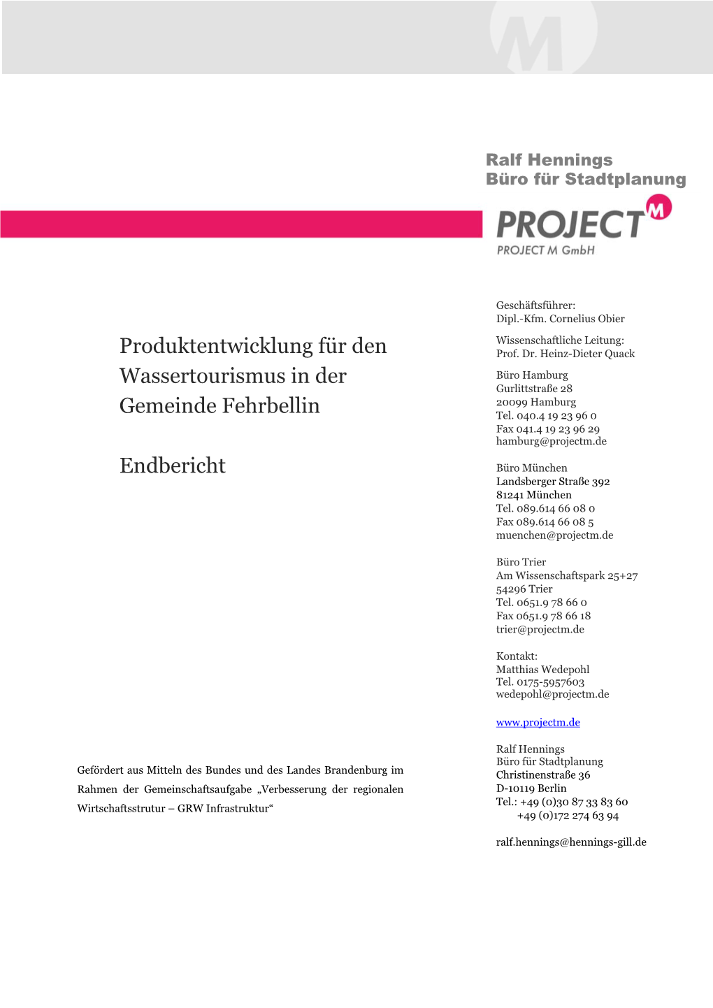 Produktentwicklung Wassertourismus Gemeinde Fehrbellin