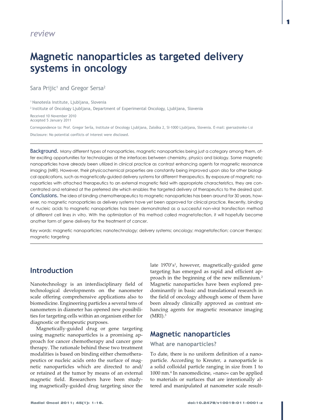 Magnetic Nanoparticles As Targeted Delivery Systems in Oncology