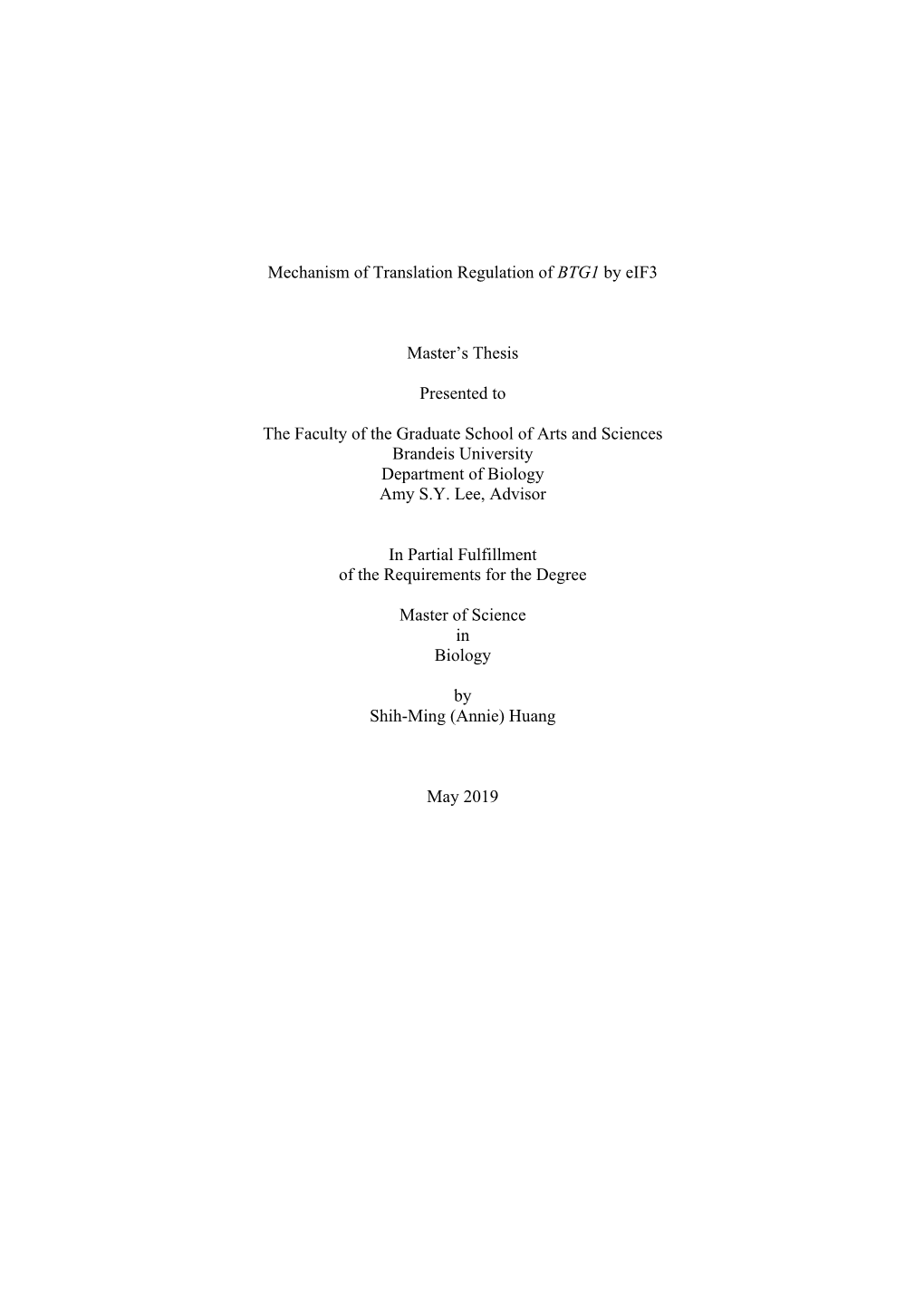 Mechanism of Translation Regulation of BTG1 by Eif3 Master's Thesis