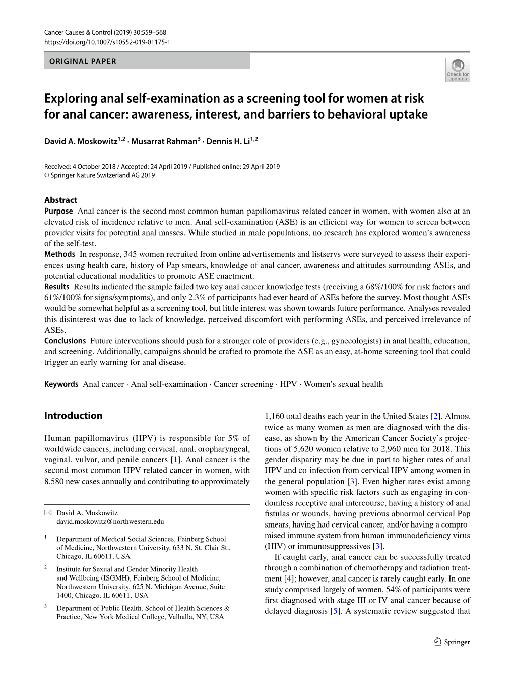 Exploring Anal Self-Examination As a Screening Tool for Women at Risk for Anal Cancer: Awareness, Interest, and Barriers to Beha