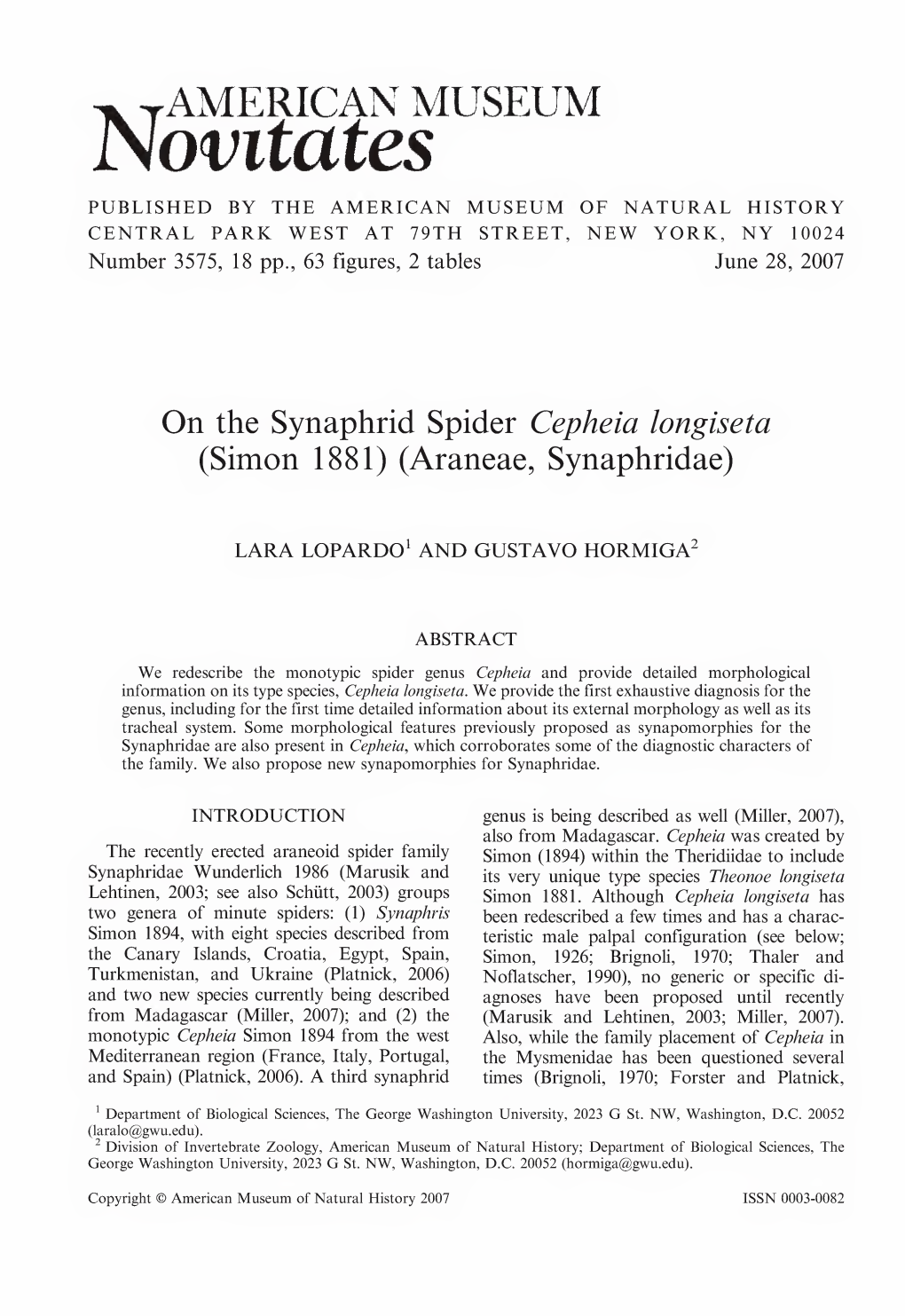 On the Synaphrid Spider Cepheia Longiseta (Simon 1881) (Araneae, Synaphridae)