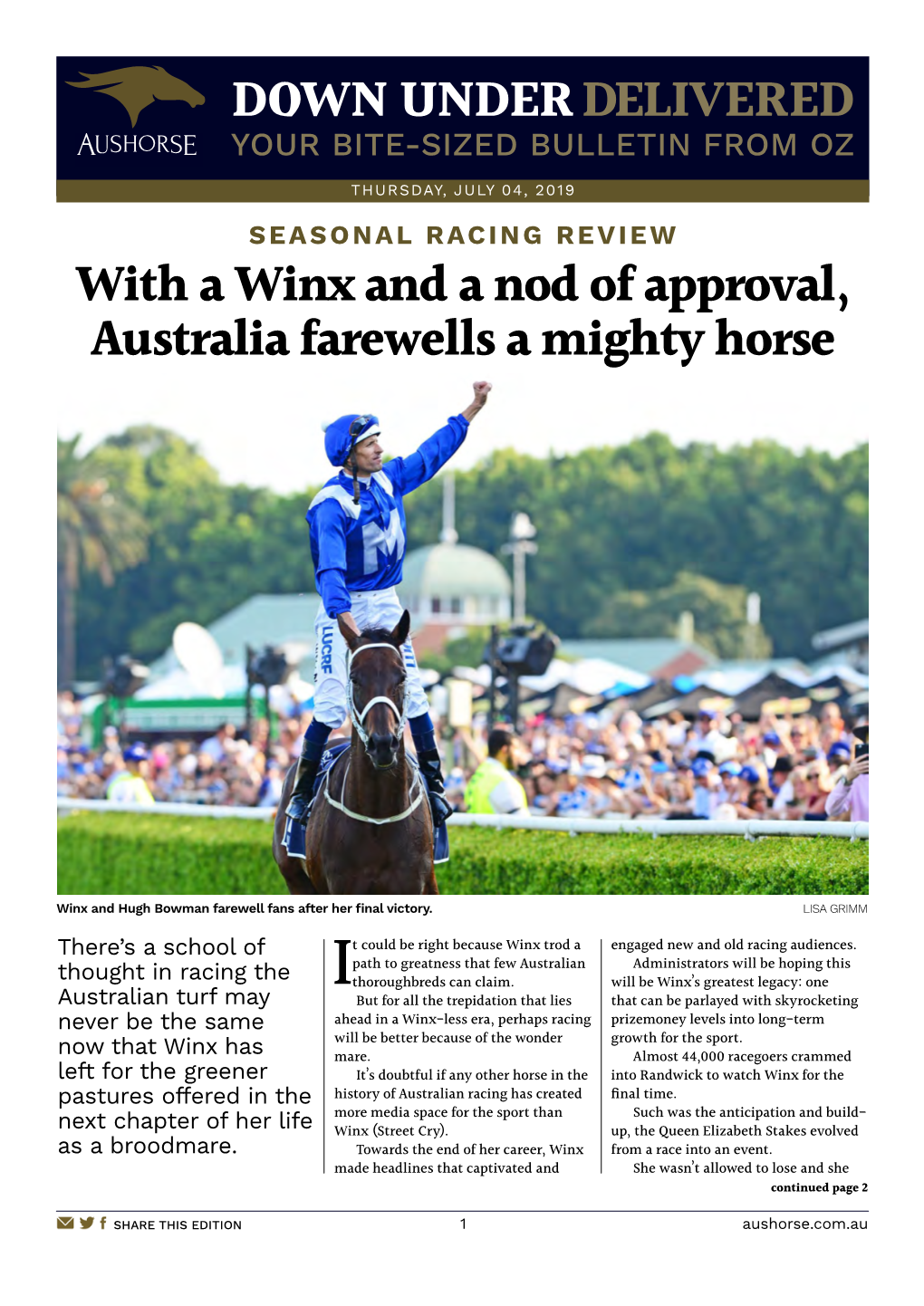 With a Winx and a Nod of Approval, Australia Farewells a Mighty Horse DOWN UNDER DELIVERED