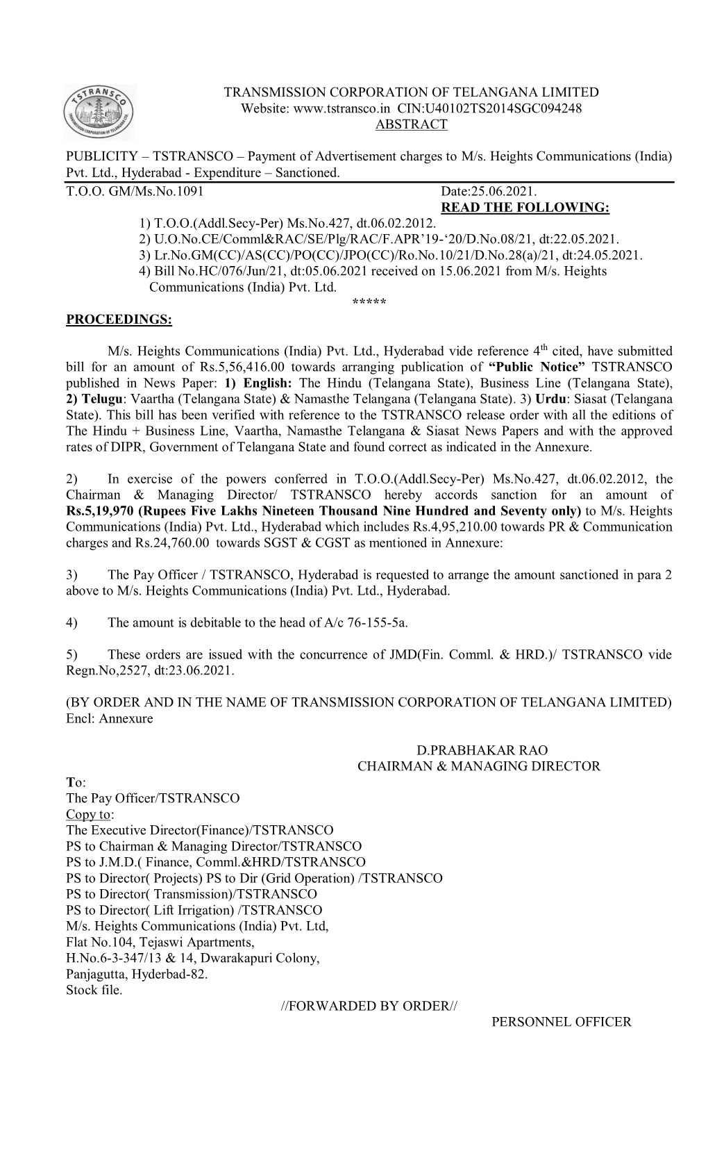 TRANSMISSION CORPORATION of TELANGANA LIMITED Website: CIN:U40102TS2014SGC094248 ABSTRACT