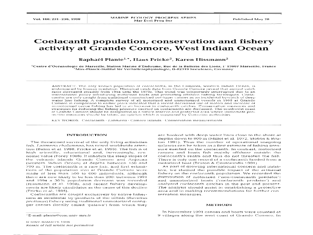 Coelacanth Population, Conservation and Fishery Activity at Grande Comore, West Indian Ocean