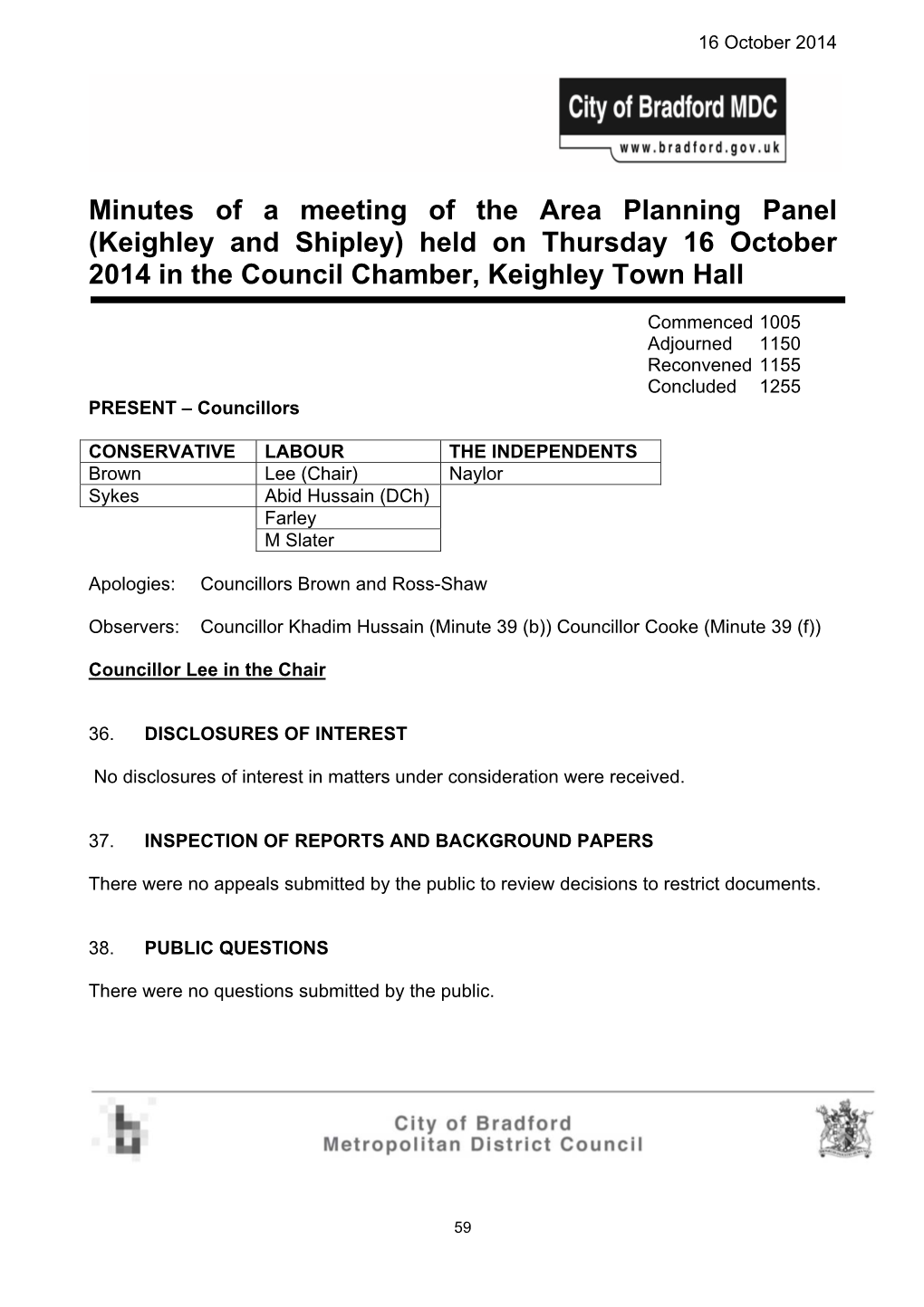 Keighley and Shipley) Held on Thursday 16 October 2014 in the Council Chamber, Keighley Town Hall