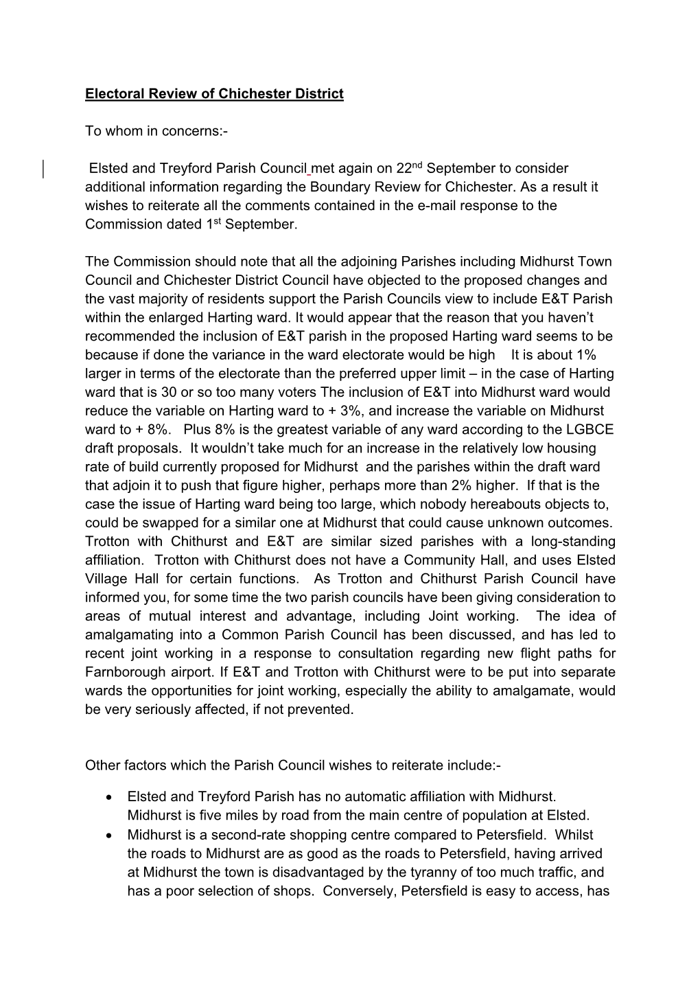 Elsted and Treyford Parish Council Met Again on 22Nd September to Consider Additional Information Regarding the Boundary Review for Chichester