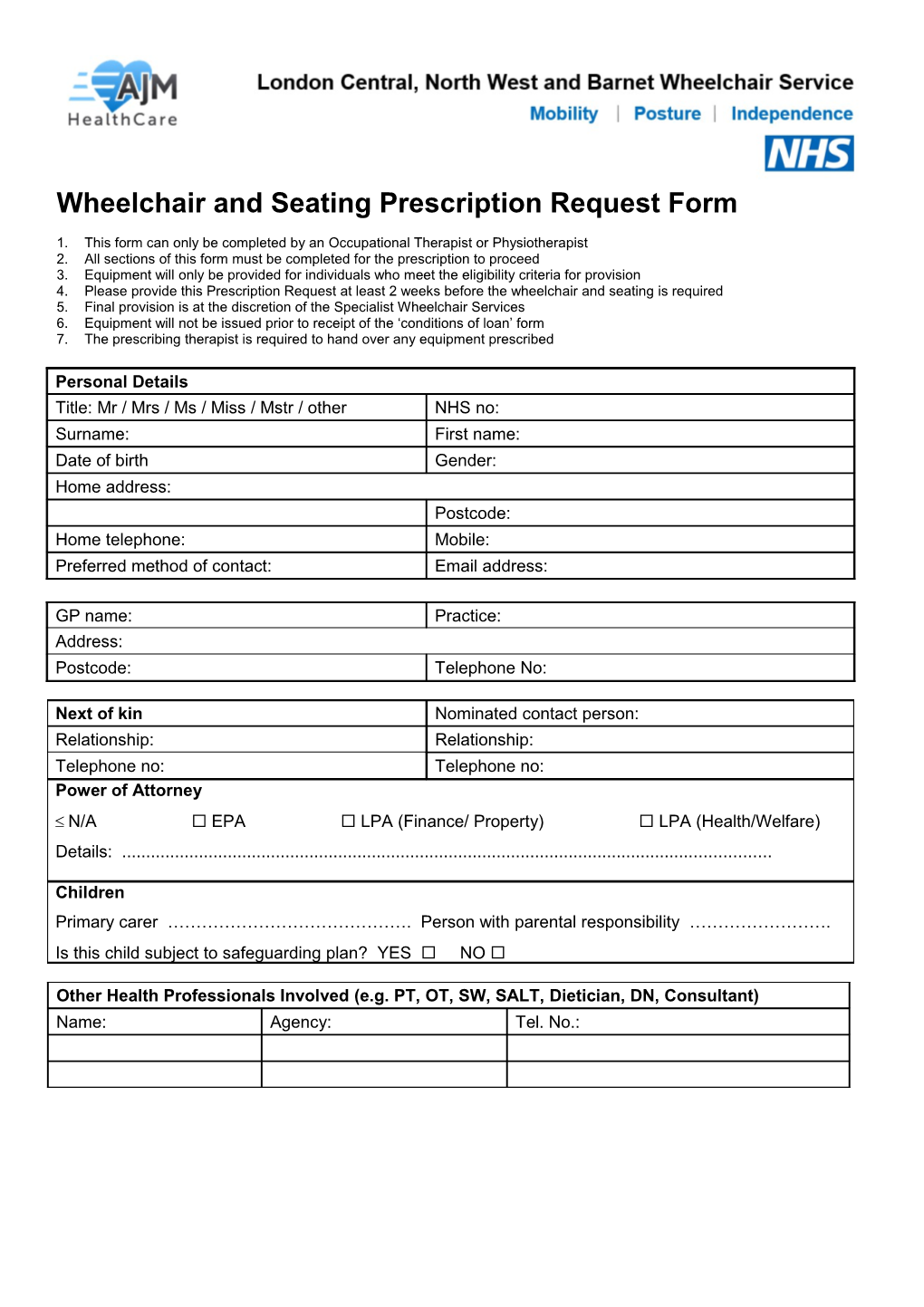 Wheelchair and Seating Prescription Request Form