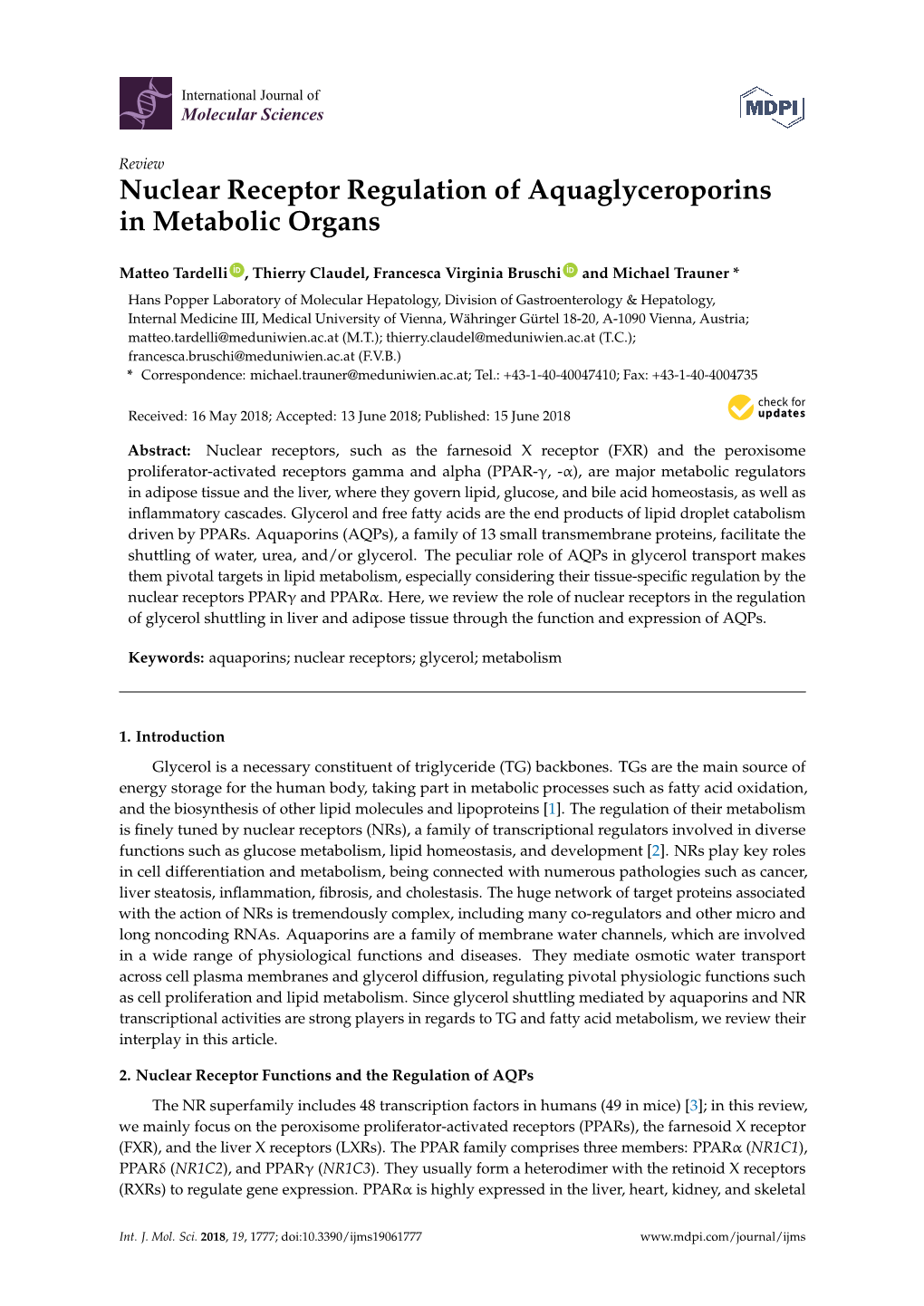 Nuclear Receptor Regulation of Aquaglyceroporins in Metabolic Organs