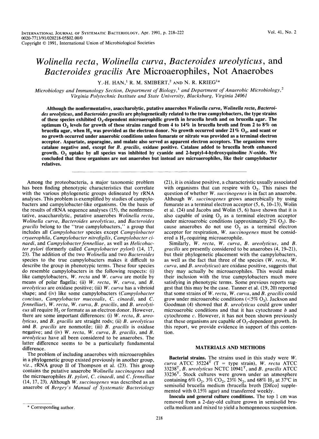 Wolinella Recta, Wolinella Curva, Bactevoides Ureolyticus, and Bactevoides Gvacilis Are Microaerophiles, Not Anaerobes Y.-H