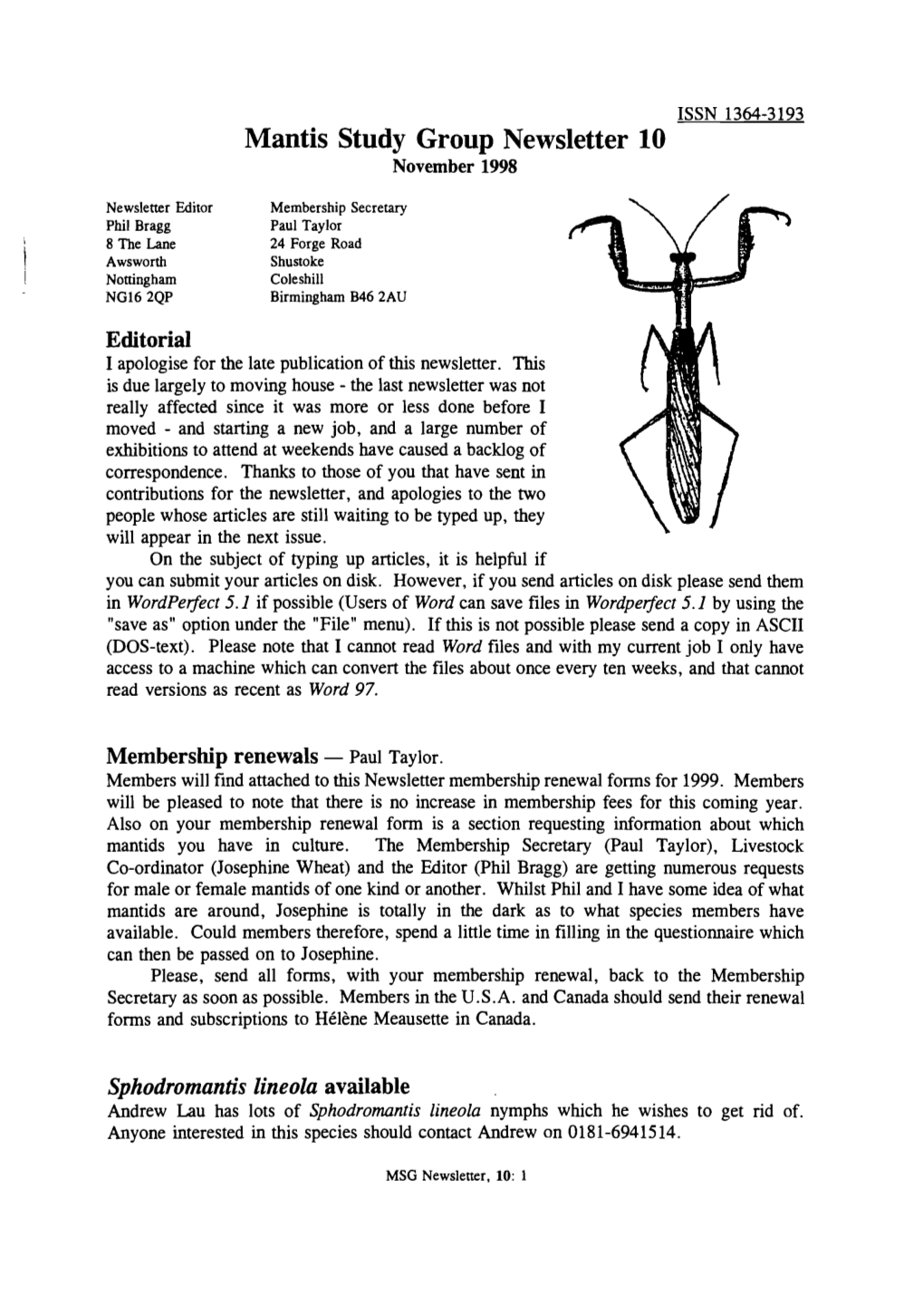 Mantis Study Group Newsletter, 10 (November 1998)