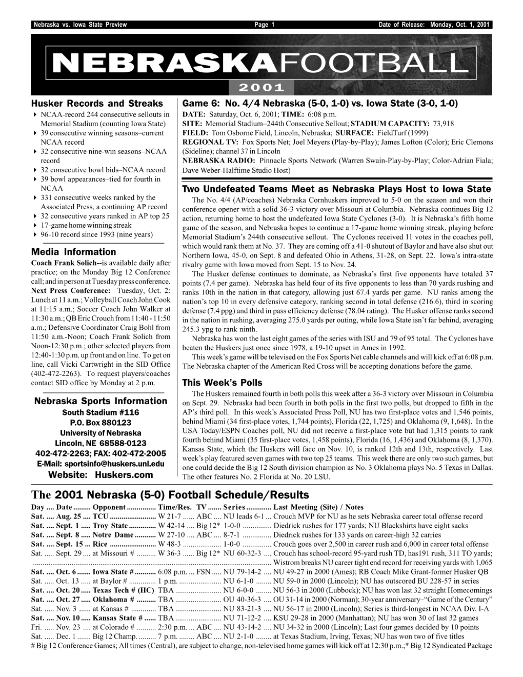 The 2001 Nebraska (5-0) Football Schedule/Results Day