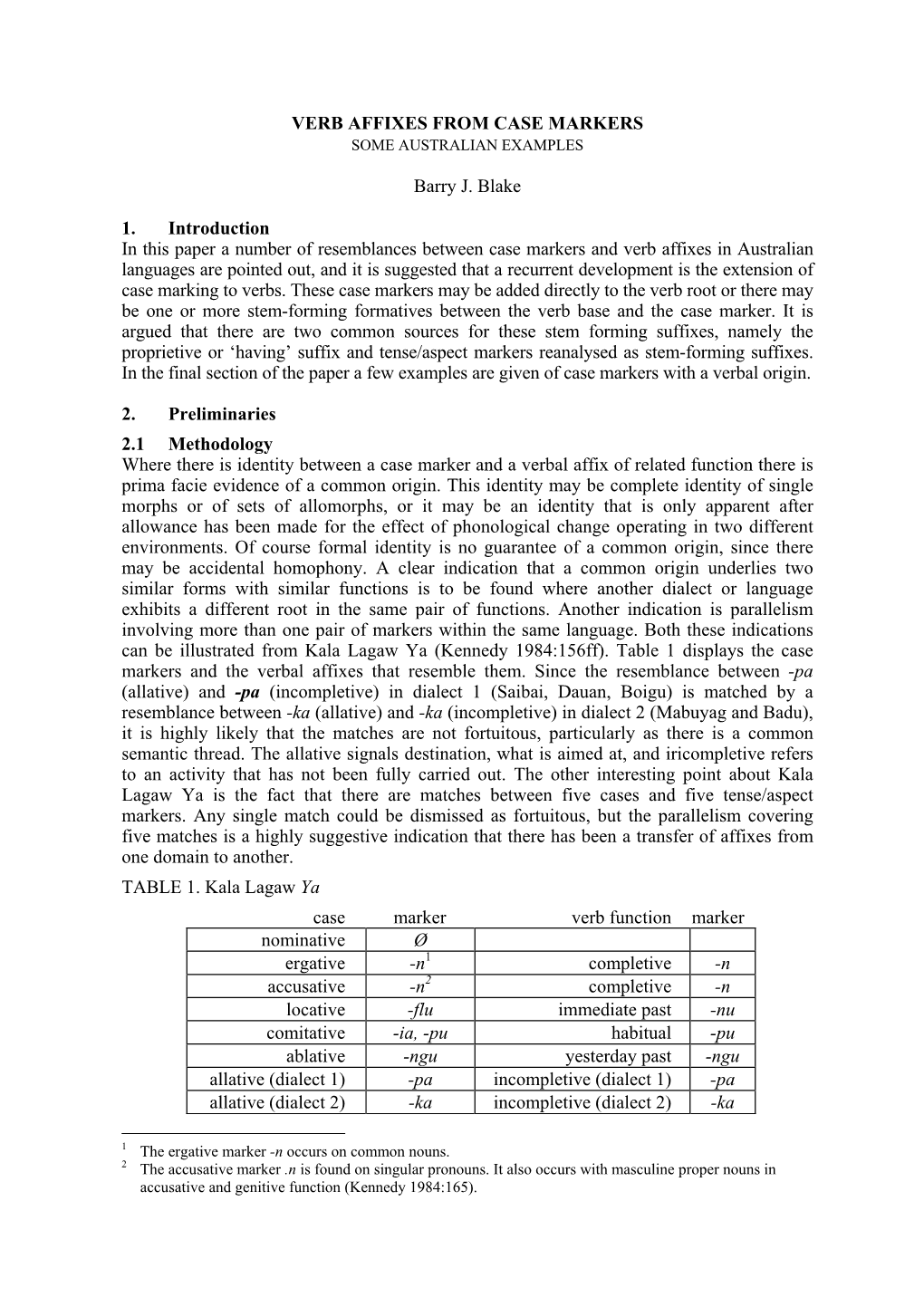 VERB AFFIXES from CASE MARKERS Barry J. Blake 1. Introduction in This Paper a Number of Resemblances Between Case Markers and V