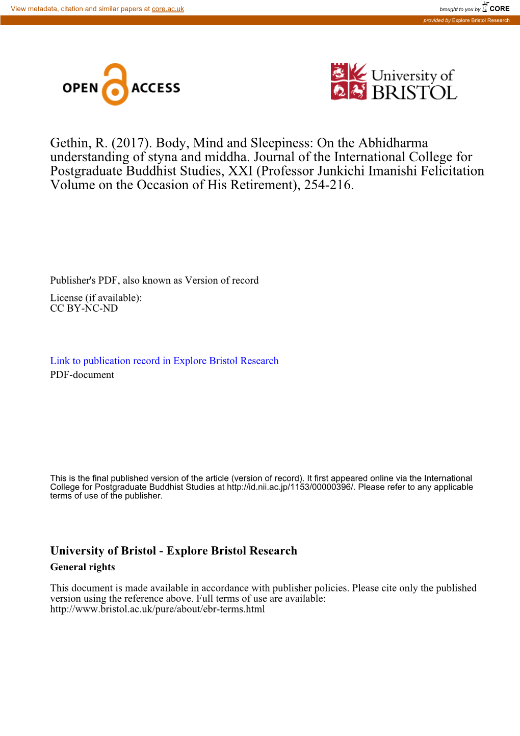 Body, Mind and Sleepiness: on the Abhidharma Understanding of Styna and Middha. Journal of the International