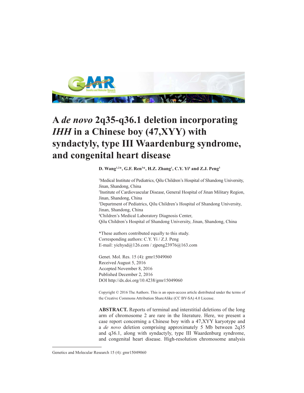 A De Novo 2Q35-Q36.1 Deletion Incorporating IHH in a Chinese Boy (47,XYY) with Syndactyly, Type III Waardenburg Syndrome, and Congenital Heart Disease