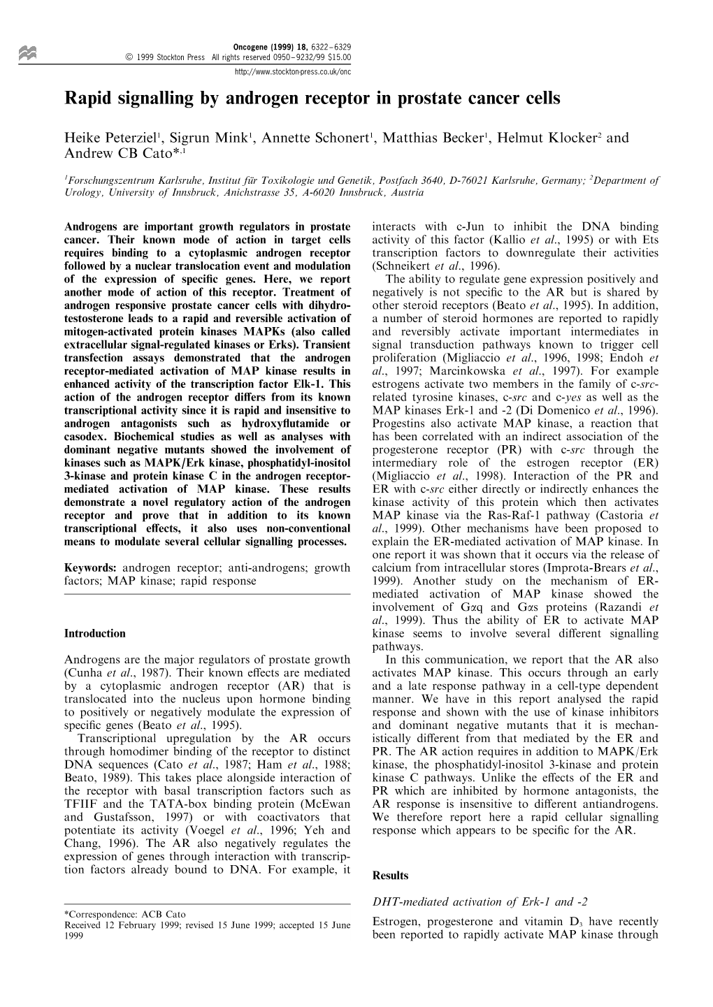 Rapid Signalling by Androgen Receptor in Prostate Cancer Cells