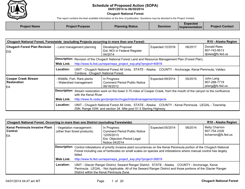 Schedule of Proposed Action (SOPA) 04/01/2014 to 06/30/2014 Chugach National Forest This Report Contains the Best Available Information at the Time of Publication