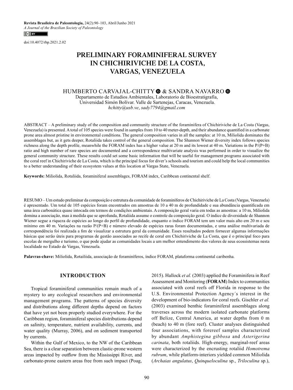 Preliminary Foraminiferal Survey in Chichiriviche De La Costa, Vargas, Venezuela