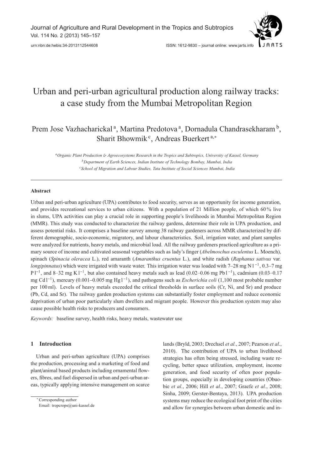 Urban and Peri-Urban Agricultural Production Along Railway Tracks: a Case Study from the Mumbai Metropolitan Region