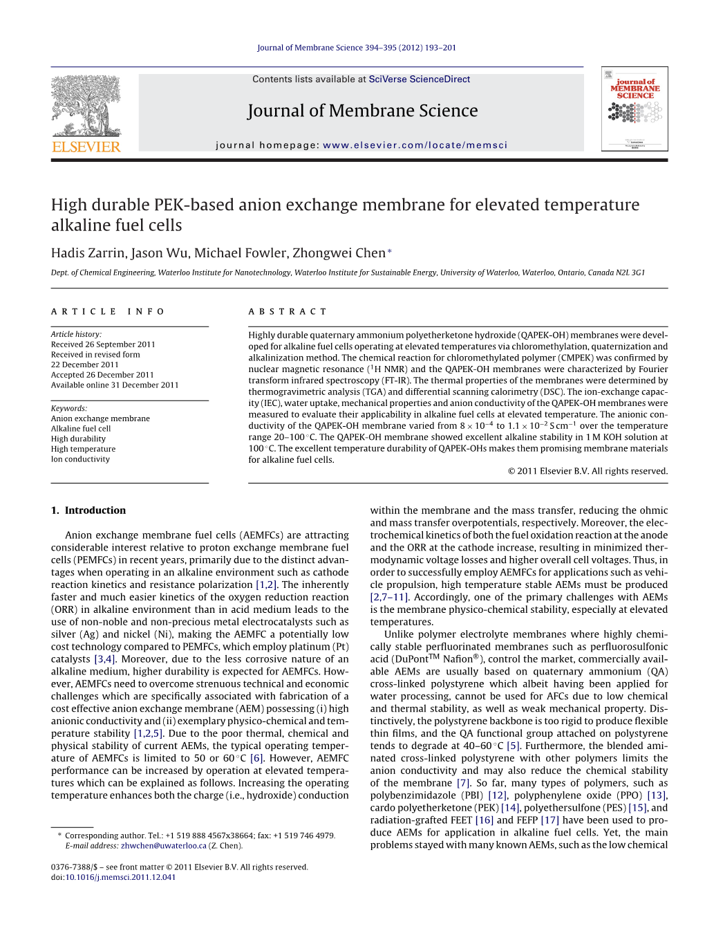 High Durable PEK-Based Anion Exchange Membrane for Elevated Temperature Alkaline Fuel Cells