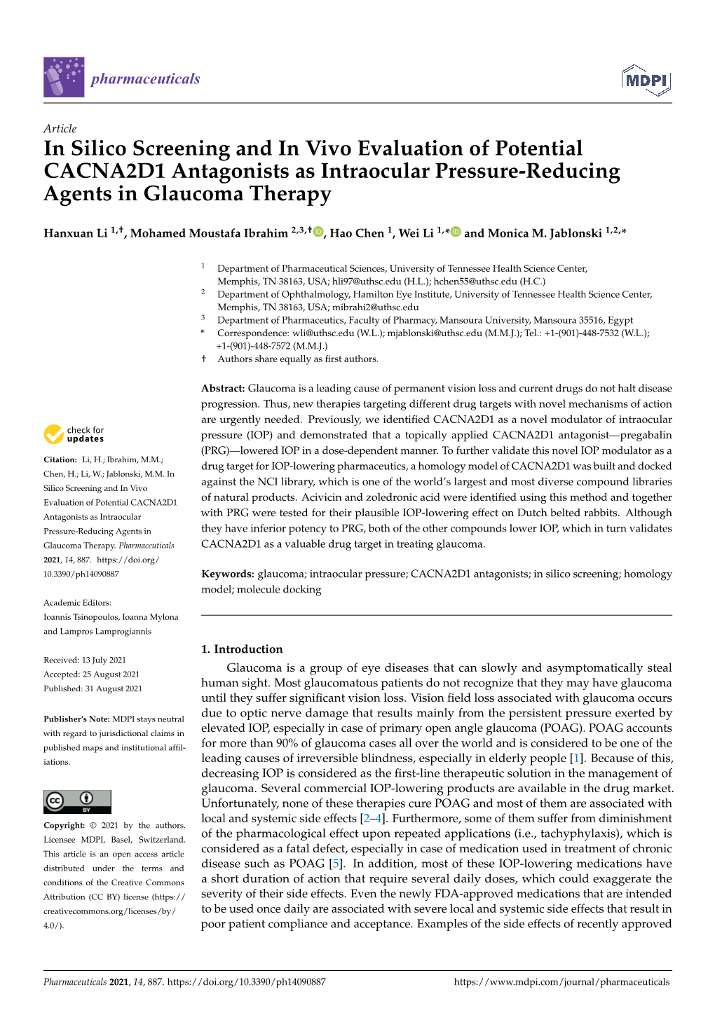 In Silico Screening and in Vivo Evaluation of Potential CACNA2D1 Antagonists As Intraocular Pressure-Reducing Agents in Glaucoma Therapy