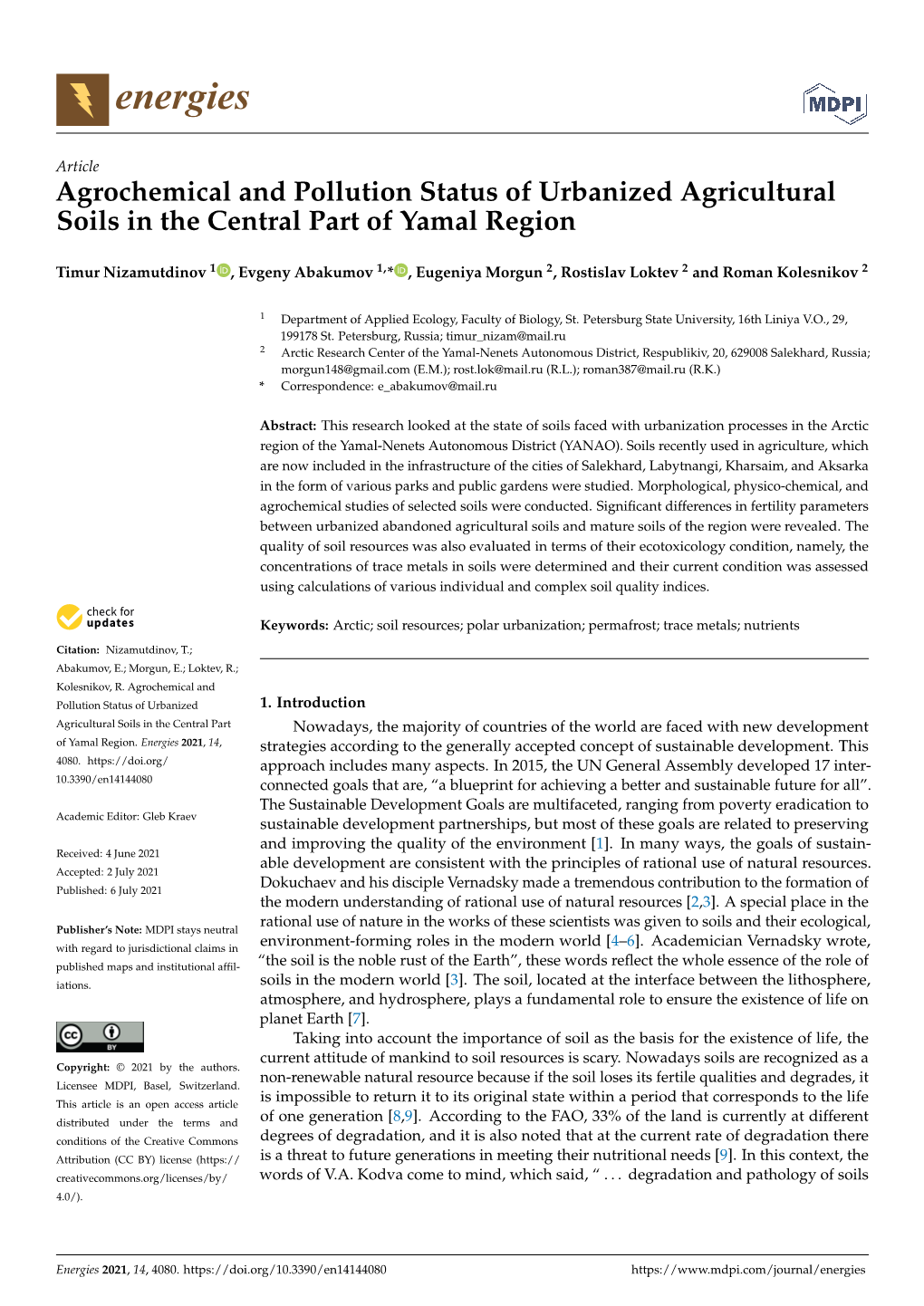 Agrochemical and Pollution Status of Urbanized Agricultural Soils in the Central Part of Yamal Region