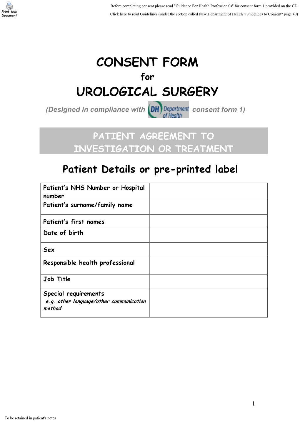 Stent Insertion Under General Anasthesia Patient Identifier/Label Statement of Patient