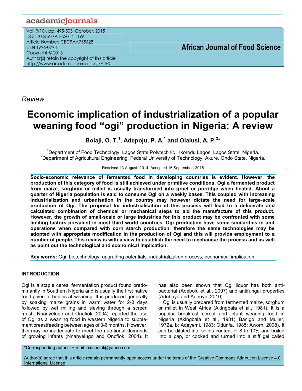 Economic Implication of Industrialization of a Popular Weaning Food “Ogi” Production in Nigeria: a Review