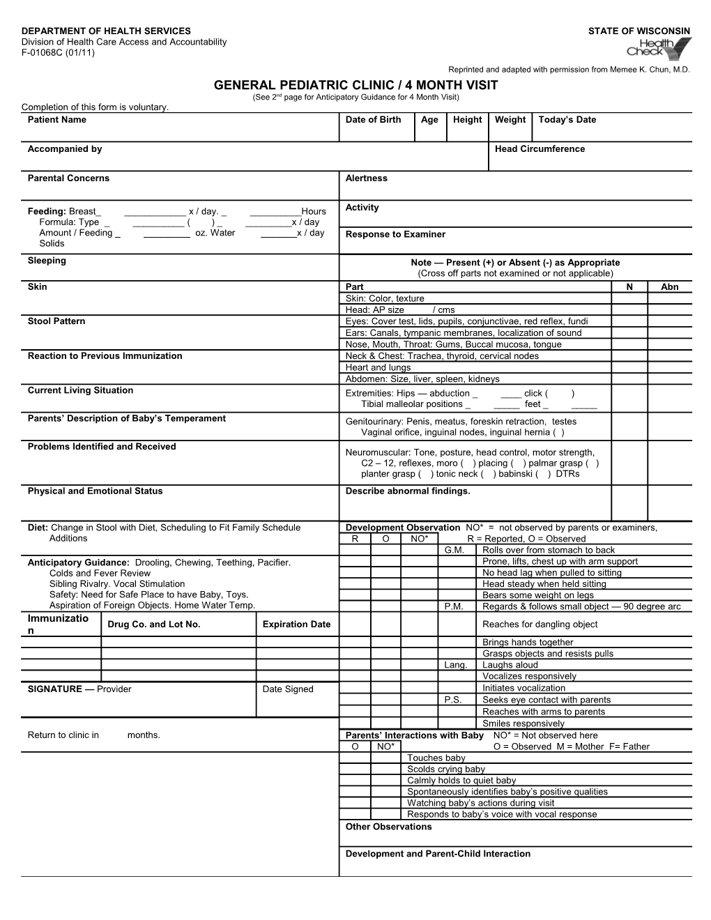 Healthcheck General Pediatric Clinic / 4 Month Visit