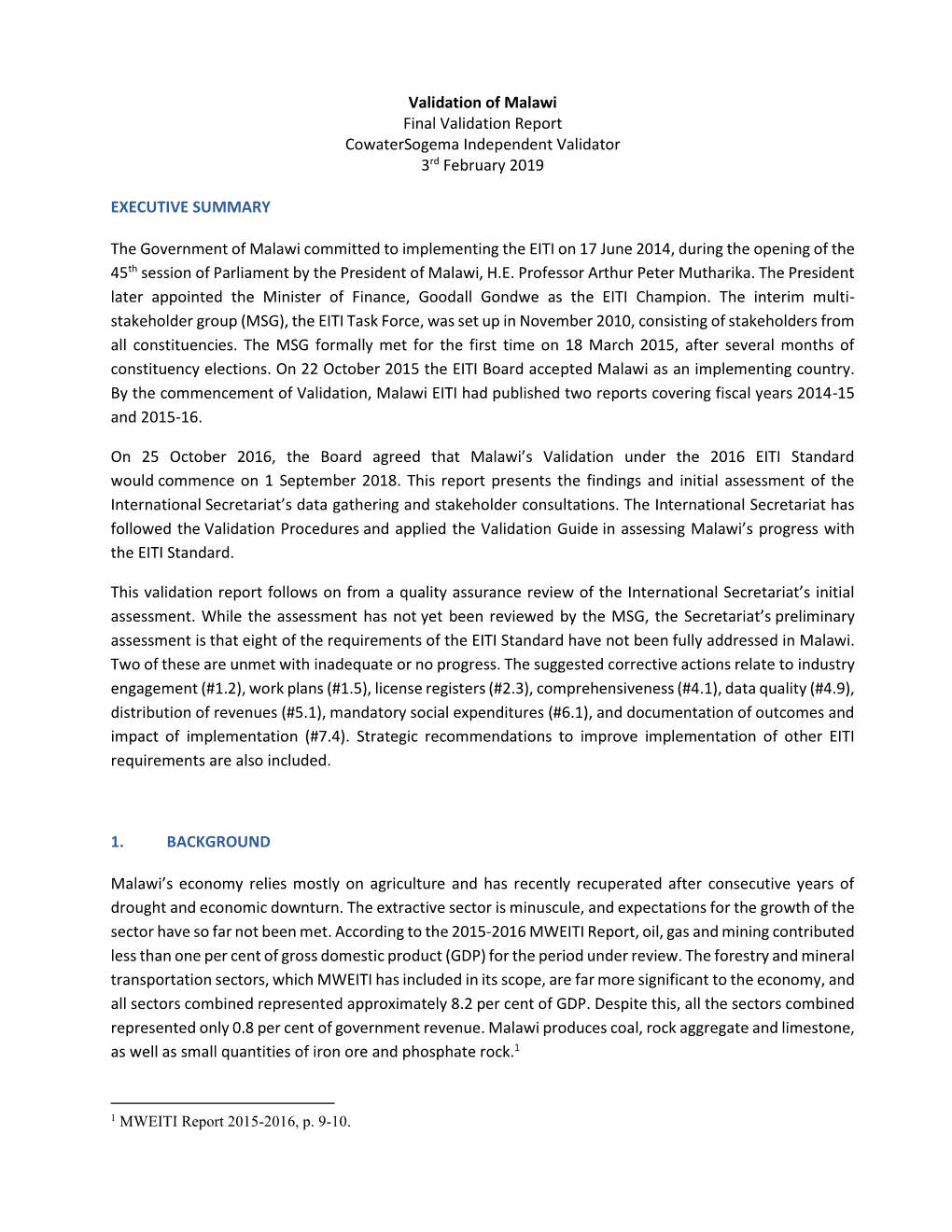 Validation of Malawi Final Validation Report Cowatersogema Independent Validator 3Rd February 2019