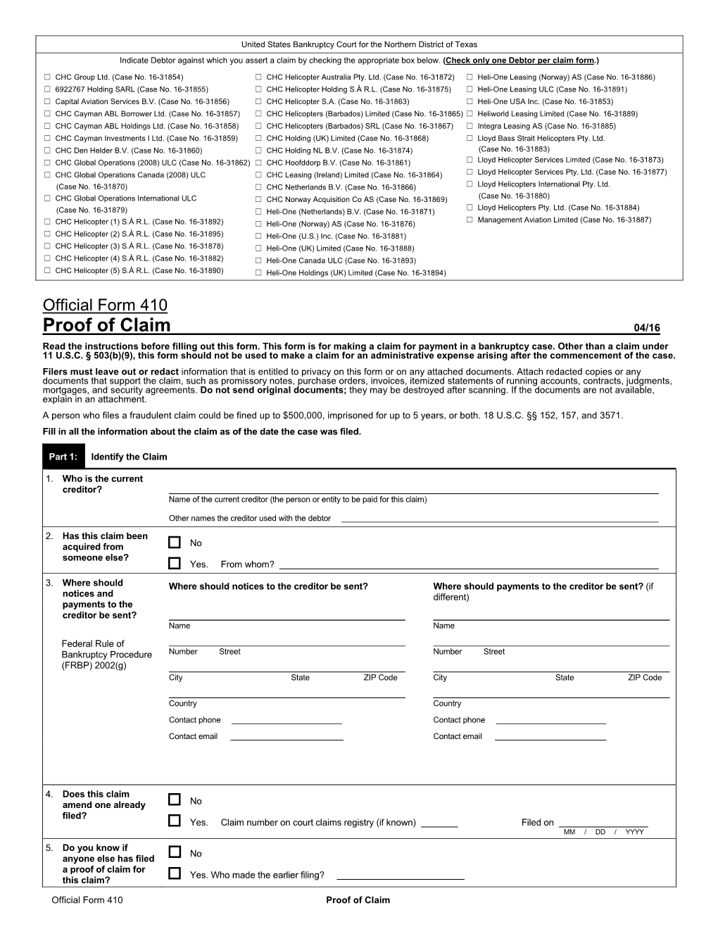 Proof of Claim 04/16 Read the Instructions Before Filling out This Form