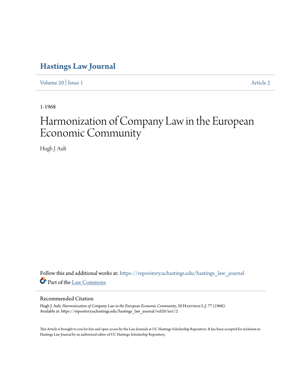 Harmonization of Company Law in the European Economic Community Hugh J