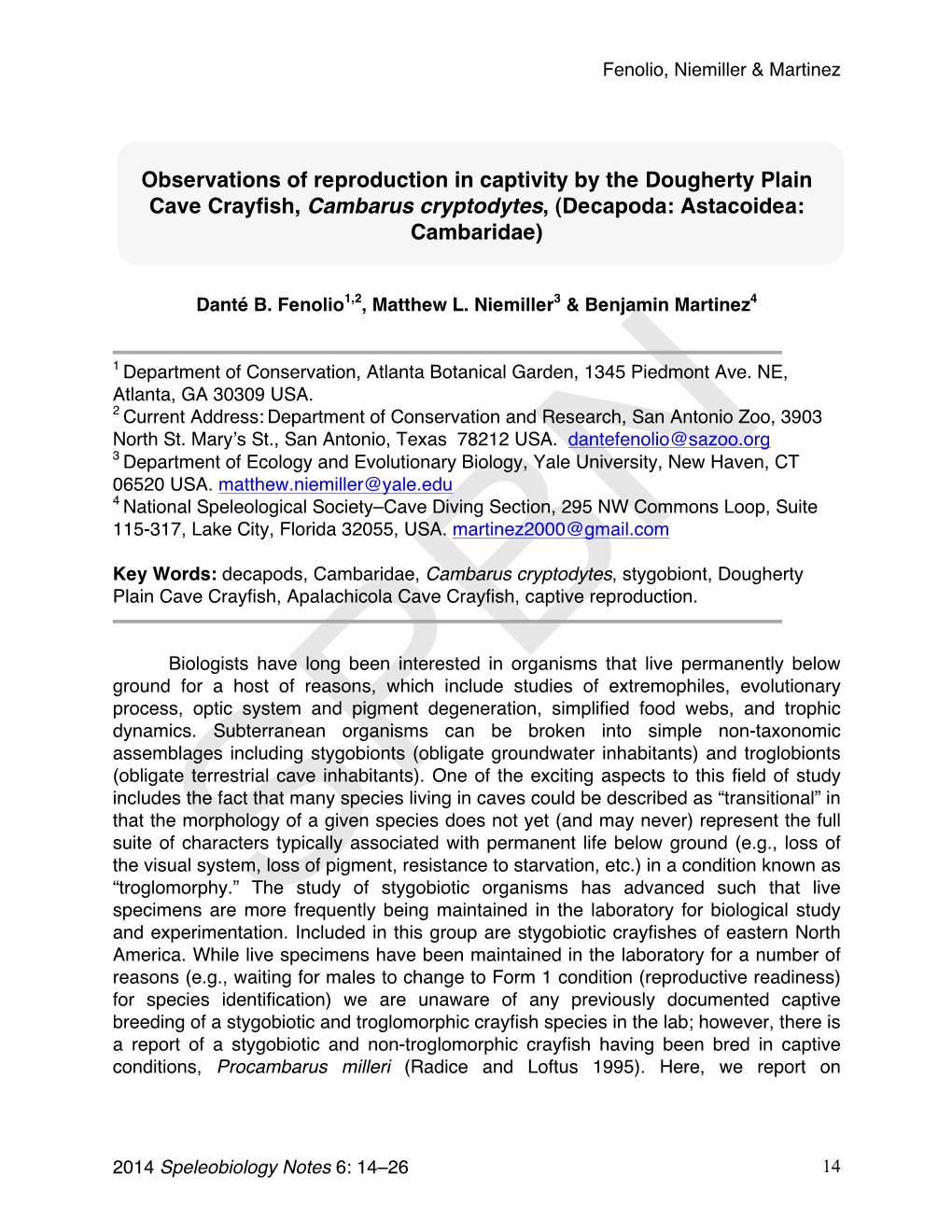 Observations of Reproduction in Captivity by the Dougherty Plain Cave Crayfish, Cambarus Cryptodytes, (Decapoda: Astacoidea: Cambaridae)