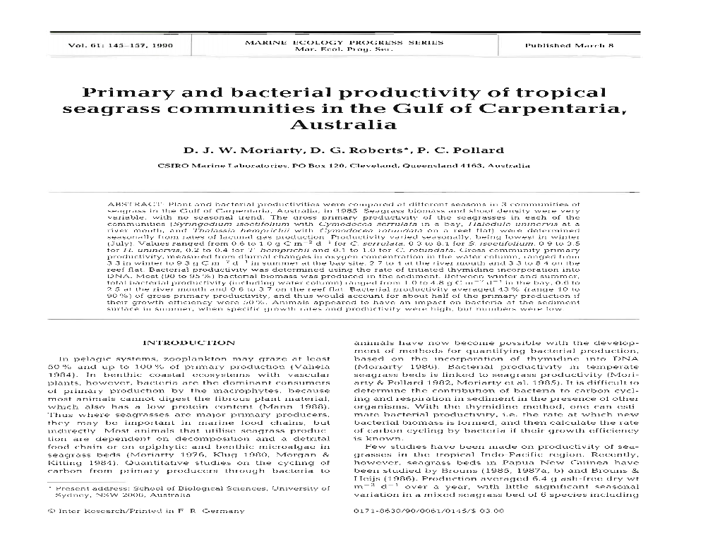 Primary and Bacterial Productivity of Tropical Seagrass Communities in the Gulf of Carpentaria, Australia