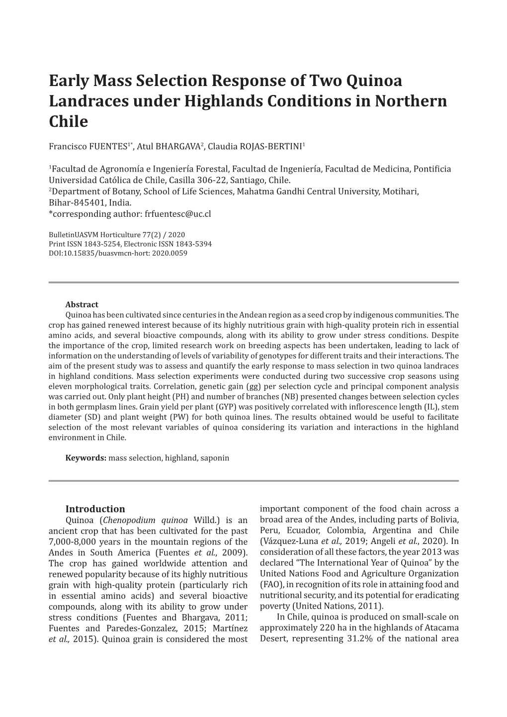 Early Mass Selection Response of Two Quinoa Landraces Under Highlands Conditions in Northern Chile