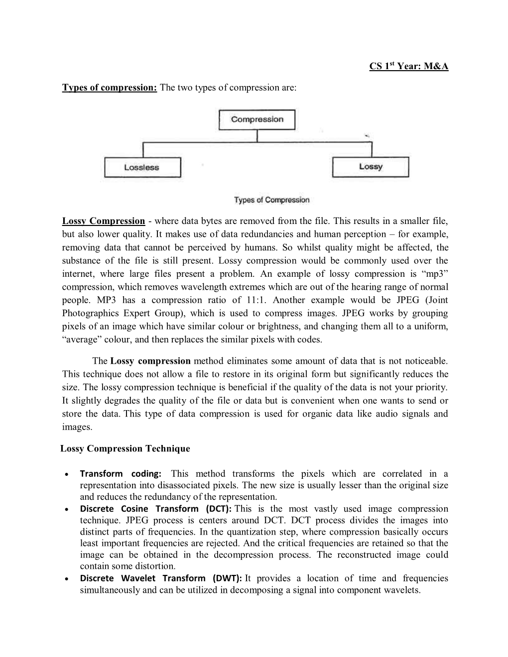 CS 1St Year: M&A Types of Compression: the Two Types of Compression Are: Lossy Compression