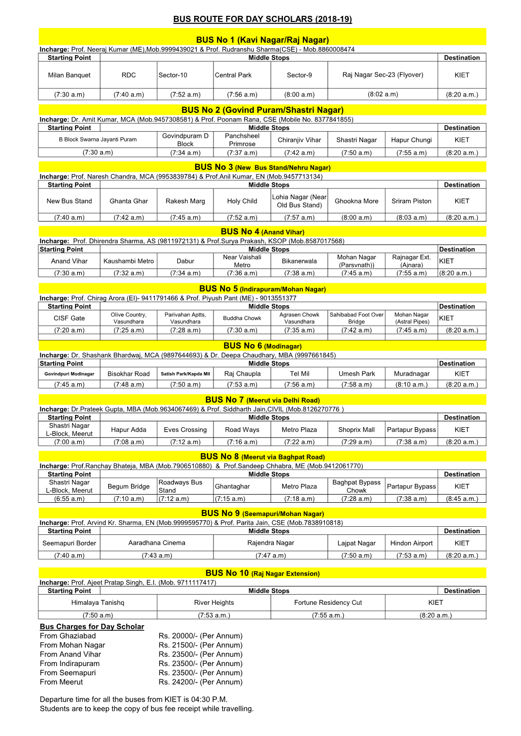 Bus Route for Day Scholars (2018-19)