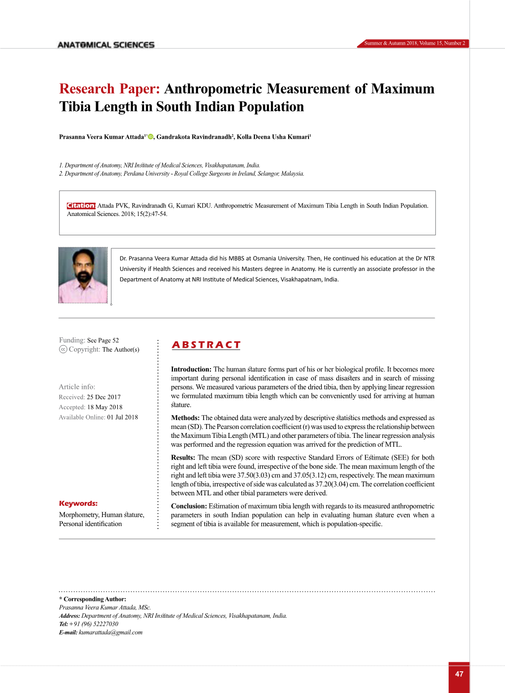 Tibia Length in South Indian Population