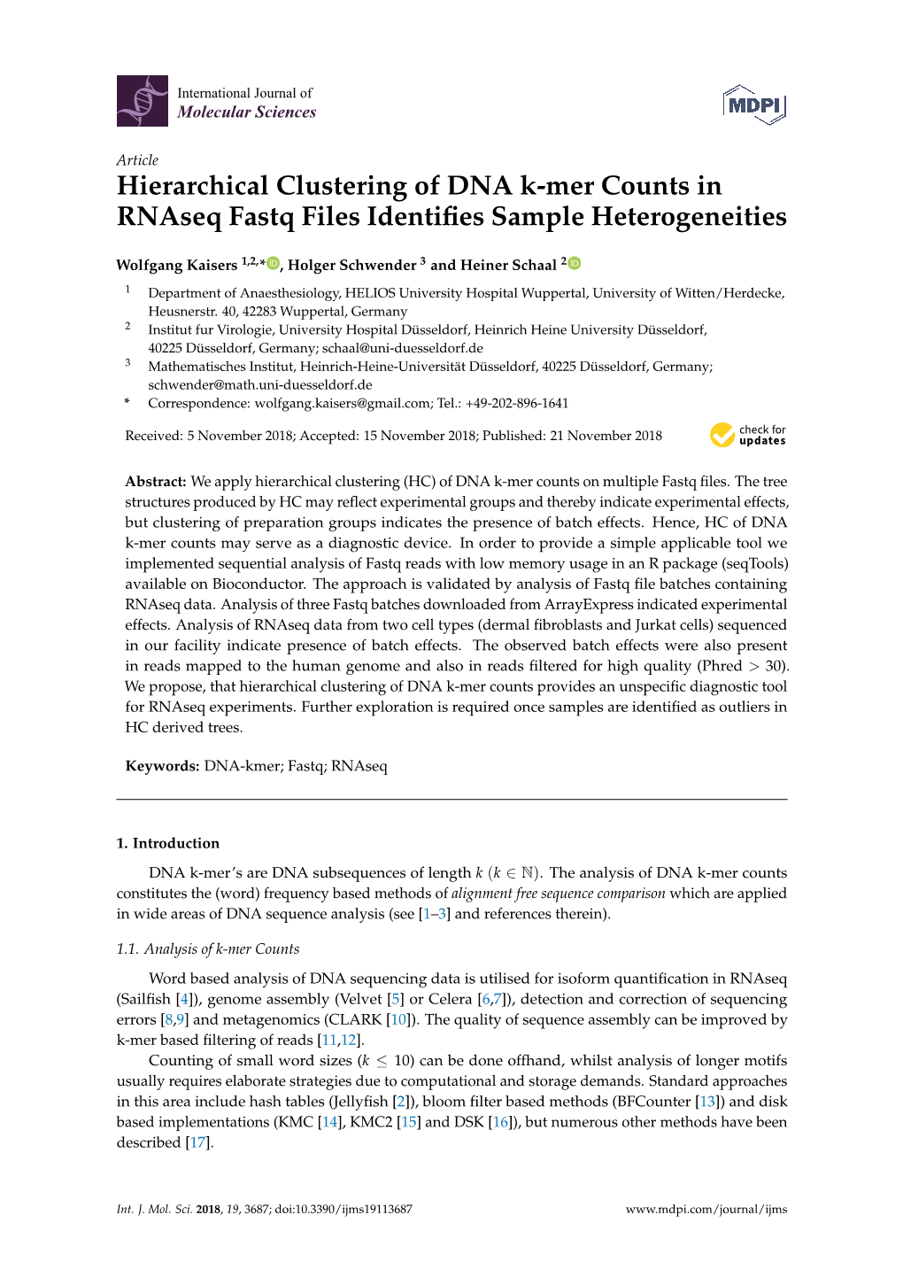 Hierarchical Clustering of DNA K-Mer Counts in Rnaseq Fastq Files Identiﬁes Sample Heterogeneities