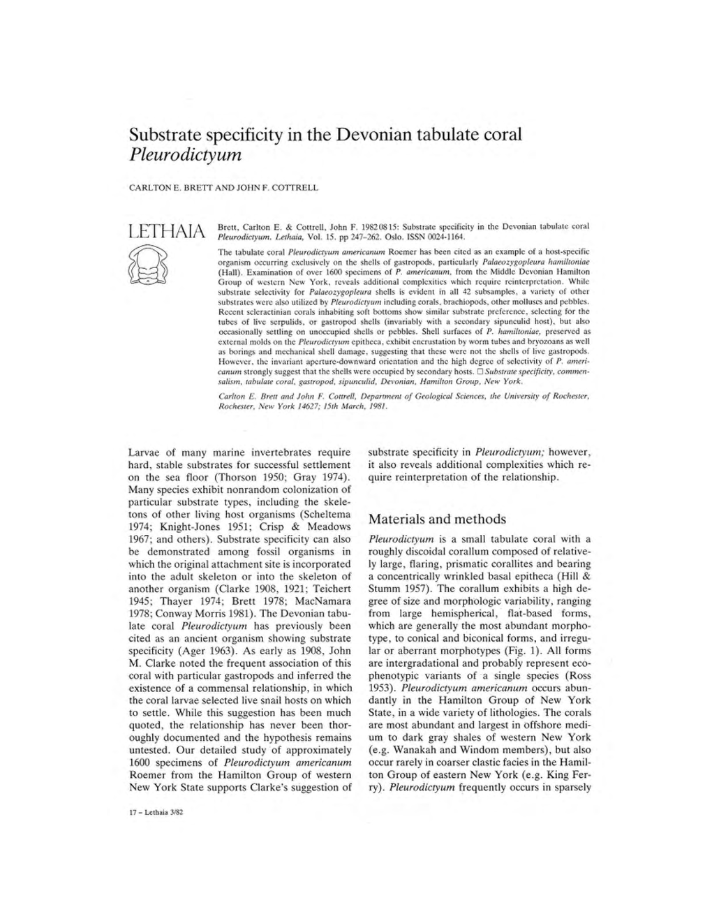 Substrate Specificity in the Devonian Tabulate Coral Pleurodictyurn