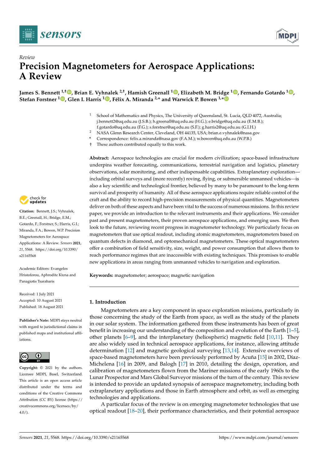 Precision Magnetometers for Aerospace Applications: a Review