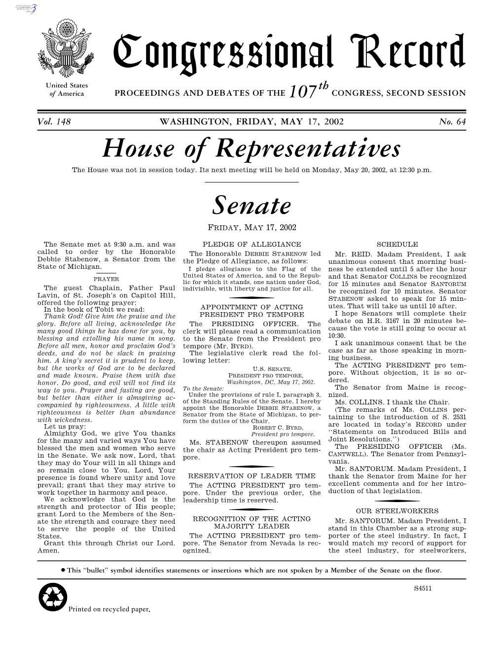 Congressional Record United States Th of America PROCEEDINGS and DEBATES of the 107 CONGRESS, SECOND SESSION