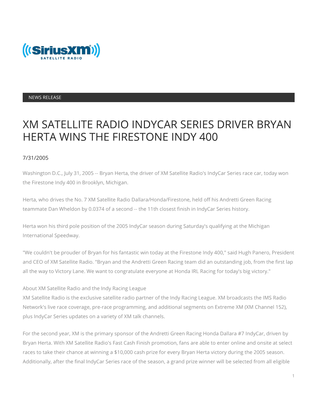 Xm Satellite Radio Indycar Series Driver Bryan Herta Wins the Firestone Indy 400