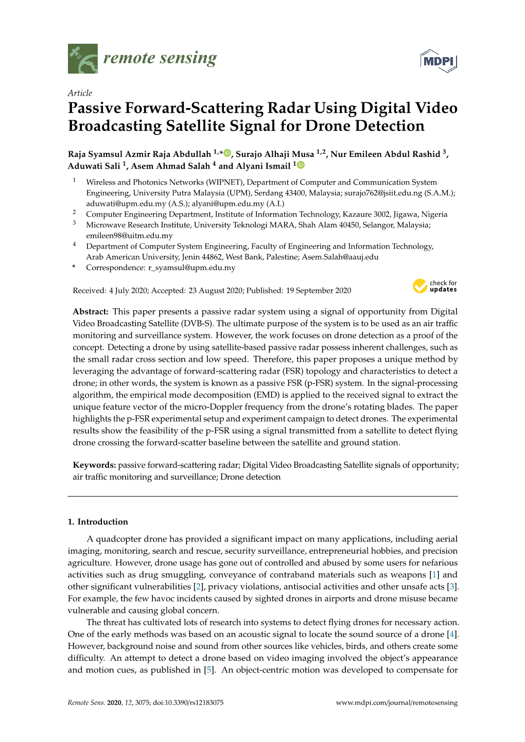 Passive Forward-Scattering Radar Using Digital Video Broadcasting Satellite Signal for Drone Detection